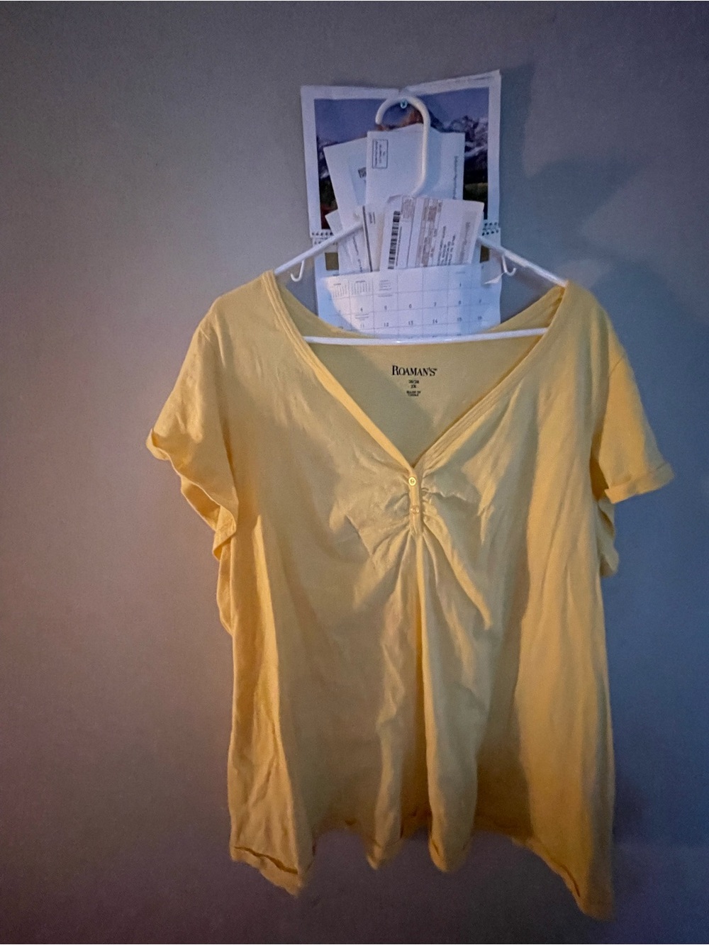 Roaman's Soft Yellow V-Neck Short Sleeve Top